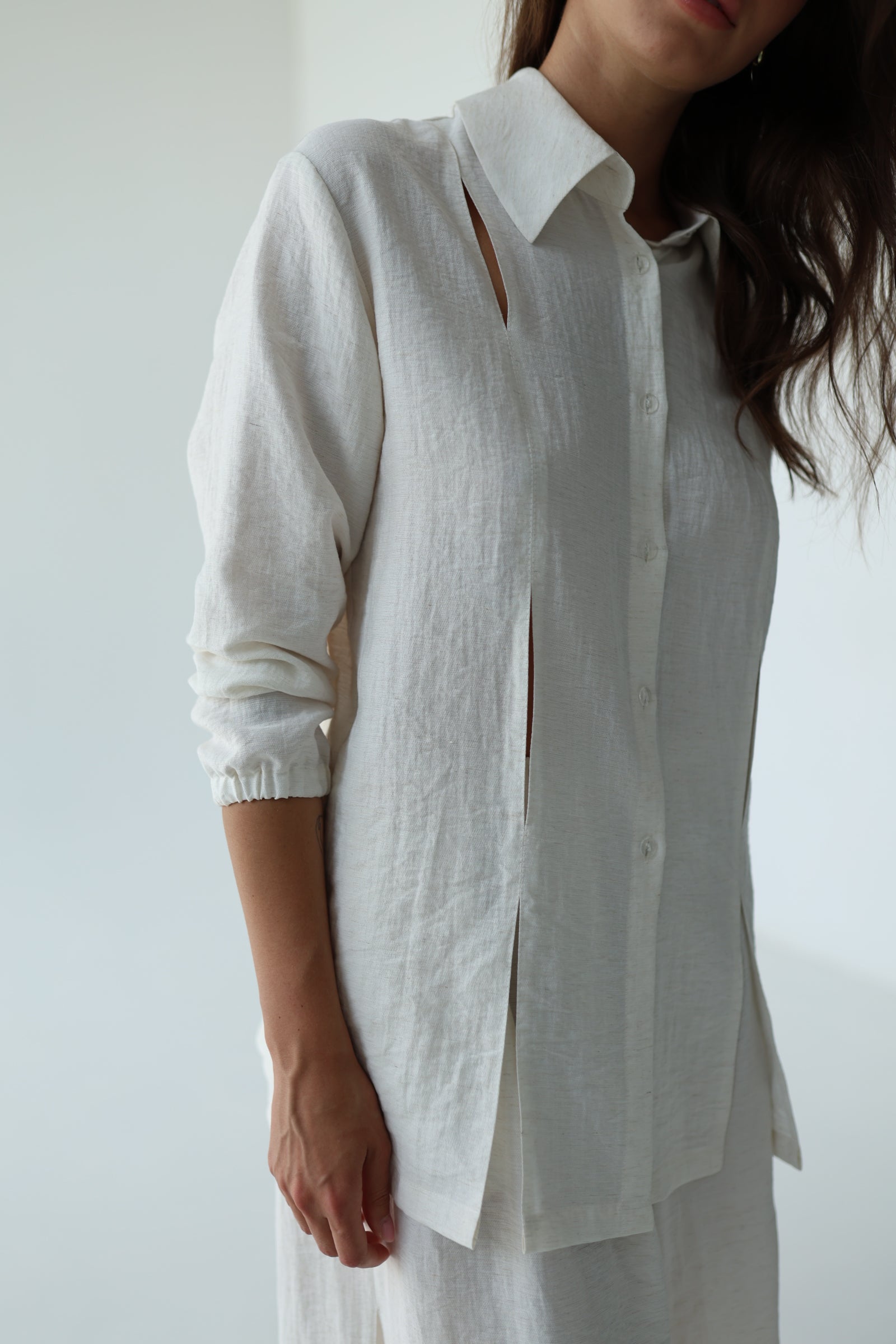 White Linen Co-ord Set with Cutouts — Shirt & Trousers
