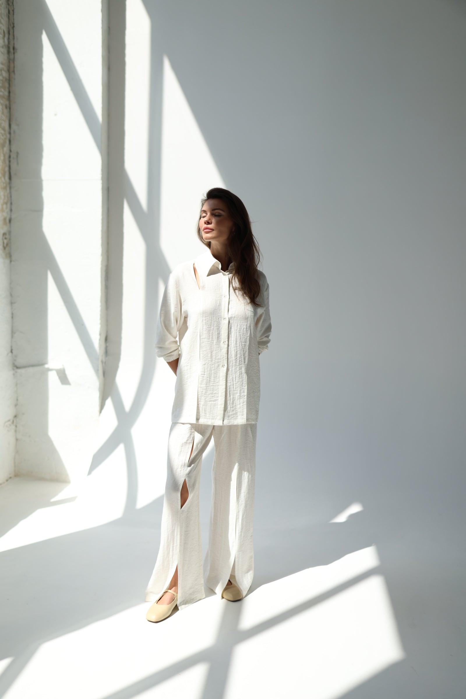 White Linen Co-ord Set with Cutouts — Shirt & Trousers