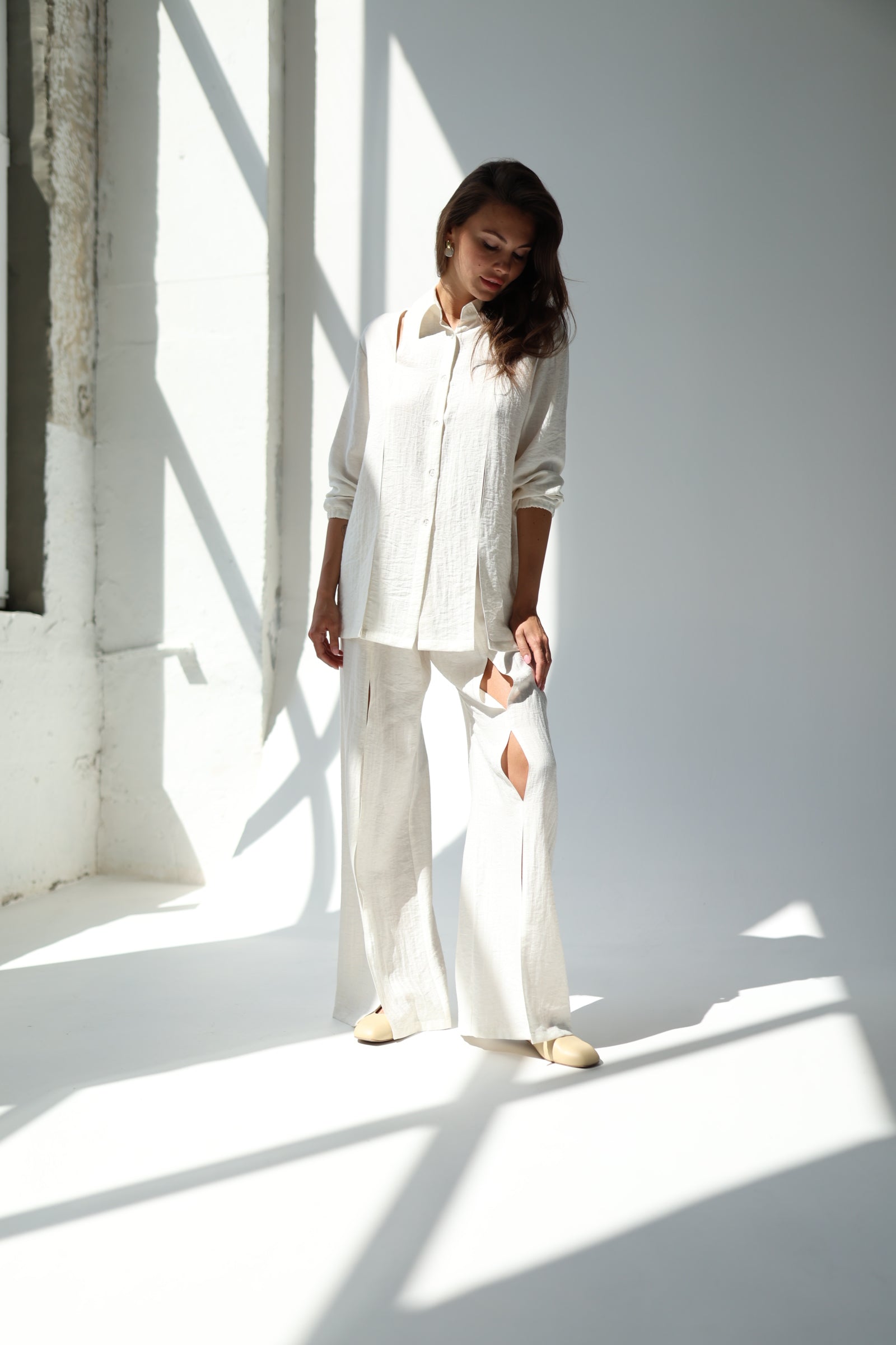 White Linen Co-ord Set with Cutouts — Shirt & Trousers