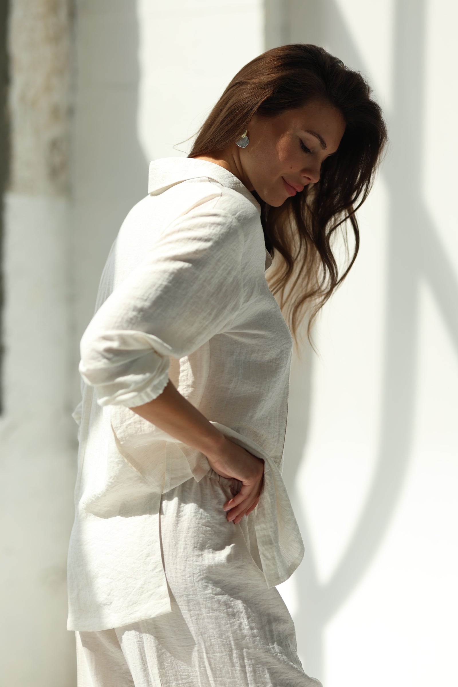 White Linen Co-ord Set with Cutouts — Shirt & Trousers