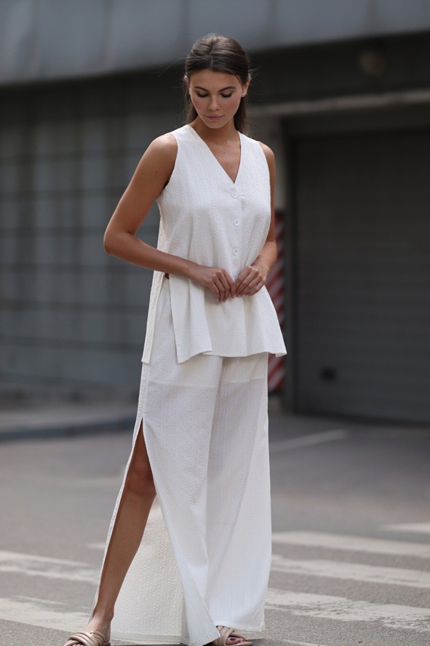 White Textured Co-ord Set with Slits