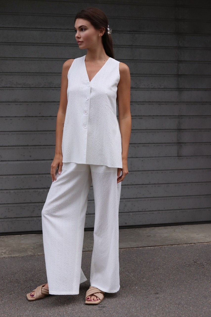 White Textured Co-ord Set with Slits